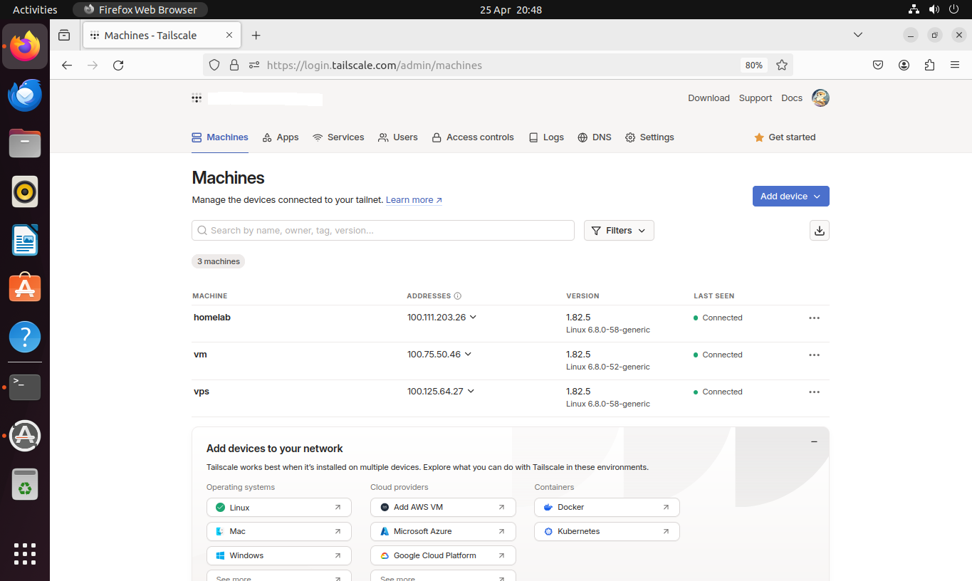 Tailscale admin console showing three devices