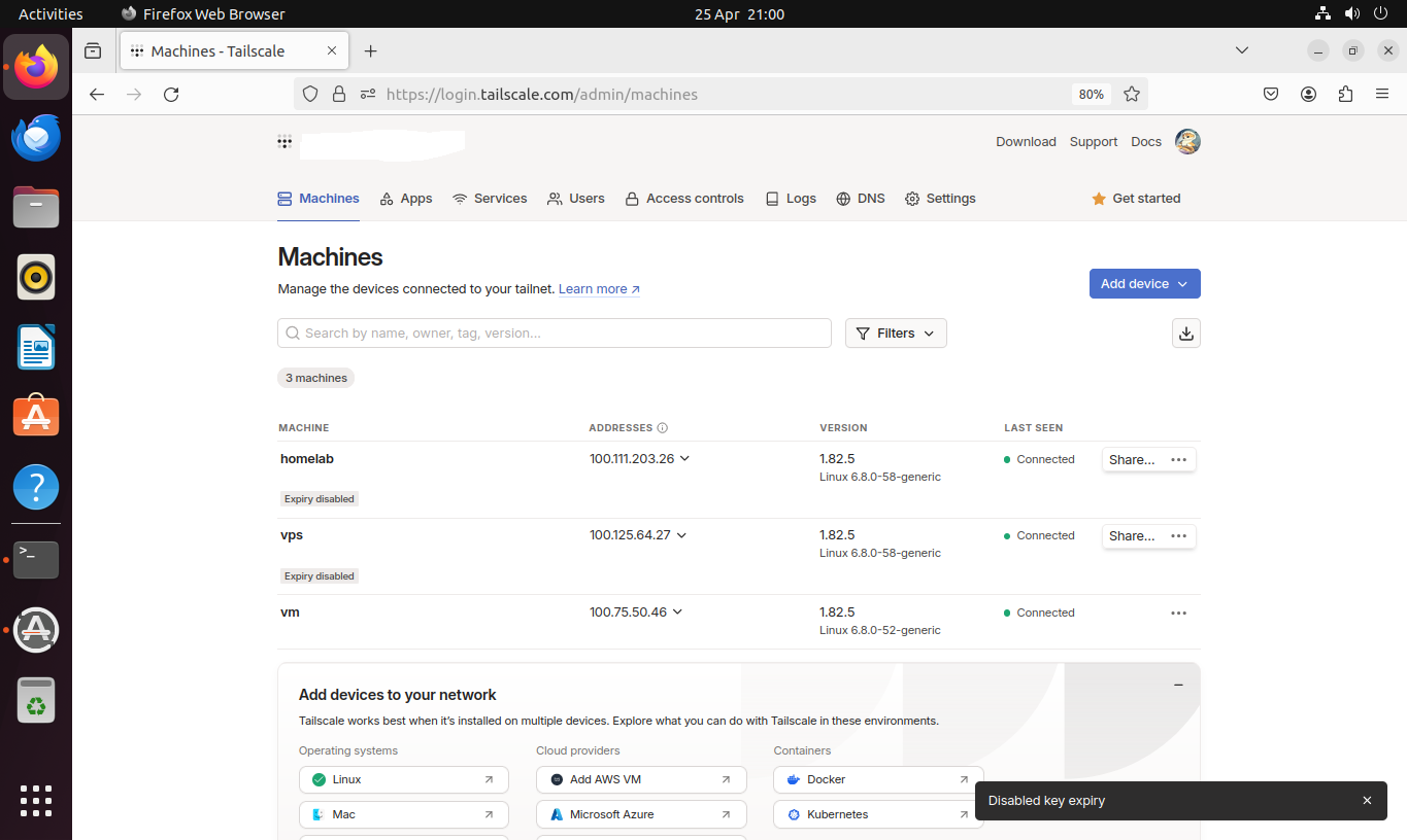 Tailscale admin console showing three devices, two with no expiry
