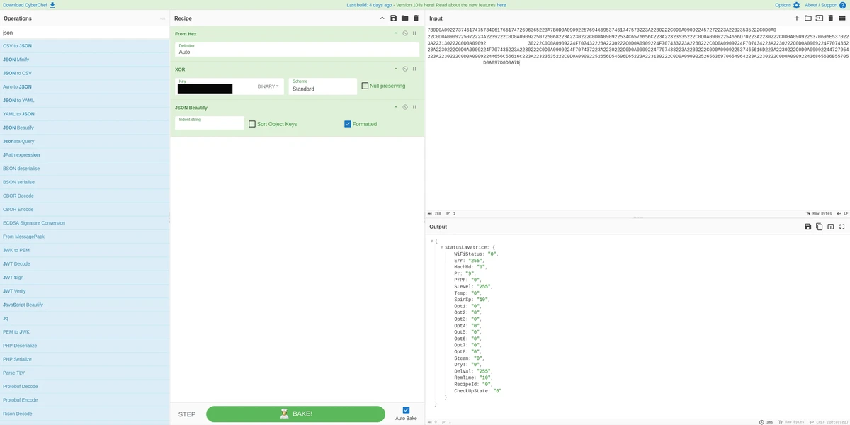 CyberChef decrypting the washing machine's response